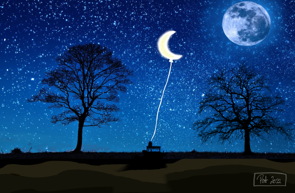 Eine Frau sitzt in einer dunklen Nacht mit vielen Sternen und einem Vollmond auf einer Parkbank und genießt die Aussicht. In der rechten Hand hält sie an einer Schnur einen Sichelmond der hoch aufragt. Neben der Bank sitzt eine Katze und schaut sich den Nachthimmel an. 